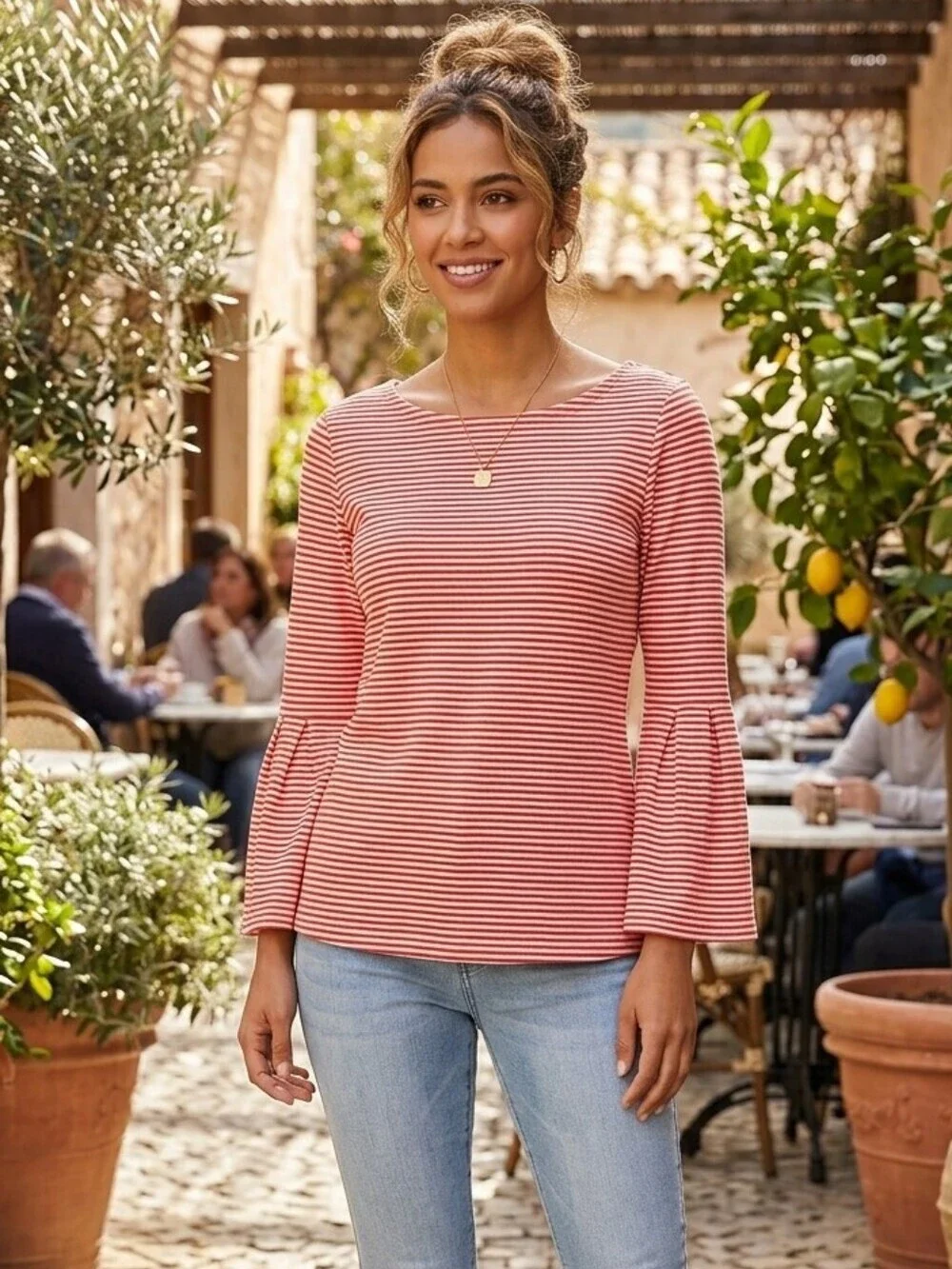 J.Crew Women's  Medium Top RED WHITE Micro Stripe Boat Neck Bell Sleeves *FLAW